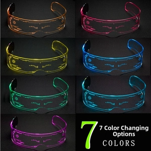 Close-up of LED glasses showing 7-color transition and futuristic cyberpunk engravings