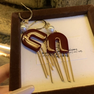French vintage C-shaped tassel earrings with brown glaze and pearls in a gift box