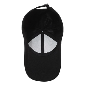 Classic black baseball cap with extended brim showing six-panel interior and adjustable buckle