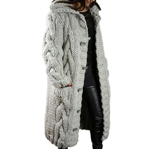 Women Hooded Cardigan Sweater Cable Knit Button Down Long Sleeve Loose Outerwear Chunky Knit Plus Size Casual Coat