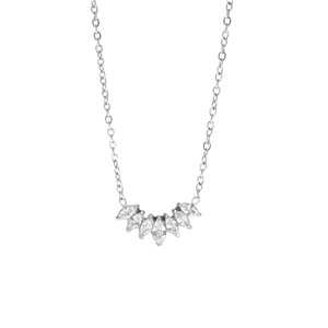 Minimalist silver necklace featuring a sparkling marquise-cut zircon petal pendant on white