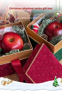 Detail of velvet Christmas gift boxes with gold trim, snowflakes, and festive pine cones