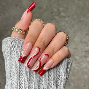 Cherry Red French Tip Press On Nails Nude Wave Pattern Long Coffin Fake Nails For Women Artificial Manicure Accessory