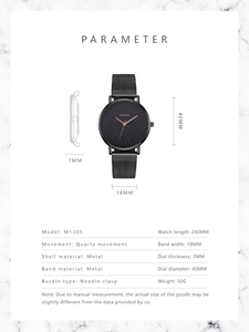 Detailed technical specifications and dimensions of Geneva mesh strap quartz watch
