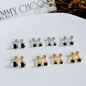 Set of 8 pairs of gold and silver stainless steel screw back stud earrings with black zircon