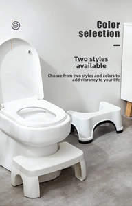 Detail showing two styles of white thickened plastic toilet stools with anti-slip feet