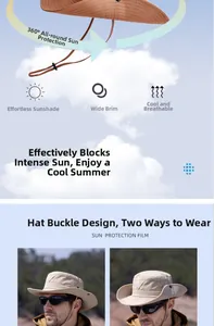 Detail view of khaki sun hat showing wide brim with side snaps and adjustable wind rope