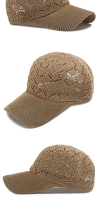 Close-up of the breathable openwork crochet knit texture on a brown sun baseball cap
