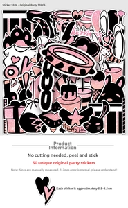 Detailed set of 50 pink and black party graffiti stickers with cute cartoon hand-drawn patterns