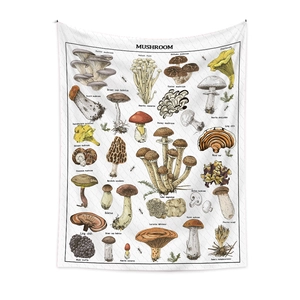 Close-up of vintage mushroom botanical illustrations on white polyester tapestry