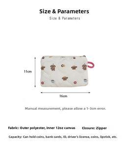 Detailed size view of quilted bear makeup bag with zipper and canvas lining