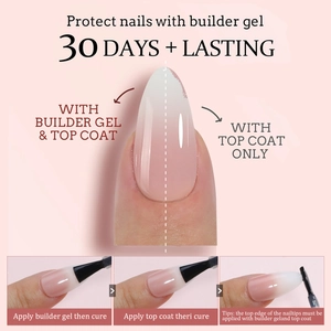Application guide showing professional builder gel and top coat for long lasting manicure