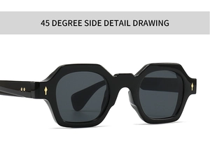 45-degree side view of retro narrow black sunglasses with gold metal rivet details