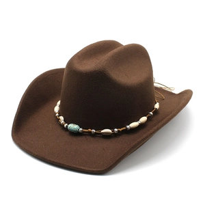 Ethnic style dark brown western cowboy felt hat with shell and turquoise stone beads