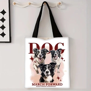 Dettaglio di borsa shopper in tela con stampa Border Collie e tracolla nera rinforzata