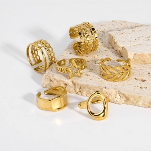 6pcs adjustable 18K gold plated stainless steel ring set with star and feather designs
