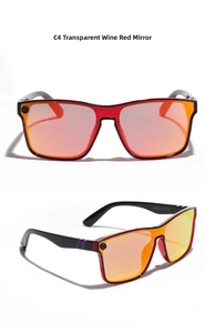 Detail view of transparent wine red square sunglasses with silver mercury reflective lenses