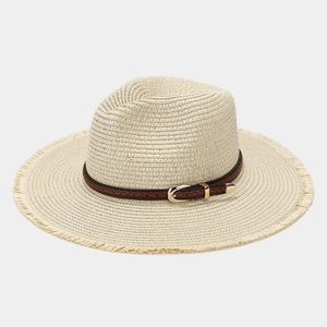 Women Straw Fedora Hat Wide Brim Raw Edge Sun Protection Summer Beach Sunshade Cap With Faux Leather Belt Decor