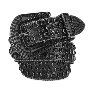 Y2K punk style black belt with studded rhinestones and matching metal buckle on white background