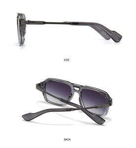 Detail view of double bridge aviator sunglasses with gray gradient lenses and side arms