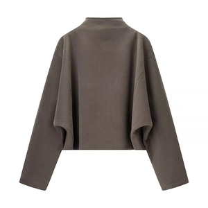 Deep grey mock neck wool blend long sleeve top with a relaxed fit and draped back view