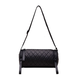 Quilted black cylinder crossbody bag in water-resistant nylon with adjustable strap