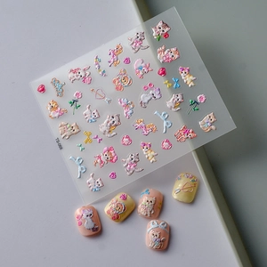 5D embossed cat and bow nail art stickers featuring cute pastel animal patterns