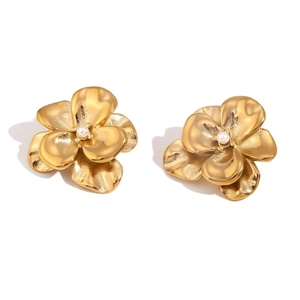 Elegant 18K gold-plated double-layer petal flower earrings with white pearl center