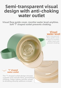 Detail of green baby sippy cup featuring anti-choke spout and bear relief design