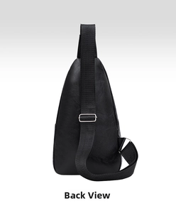 Back view of black PU leather sling bag showing pebble texture and adjustable strap