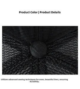 Macro shot of breathable black mesh fabric and reinforced top stitching of the sun hat