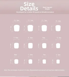 Detailed size chart for short square press-on nails showing 12 sizes from 6.6mm to 13.3mm