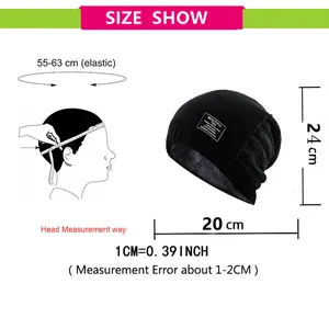 Size chart for black knit beanie with head circumference dimensions and measurement guide