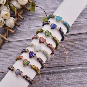 Handmade bohemian heart-shaped natural stone bracelets in various vibrant colors