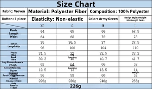 Size chart detail for military green woven jacket and loose-fit bermuda shorts 3-piece set