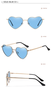 Detailed views of gold heart sunglasses with blue lenses from multiple angles