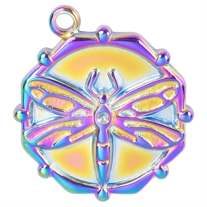 Rainbow stainless steel dragonfly pendant necklace with beaded edge and embossed details