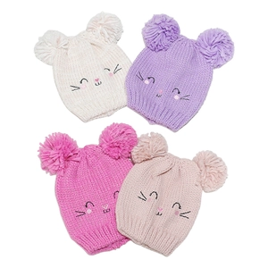 Winter knit cat-ear hats set for girls in cream, purple, pink and rose colors