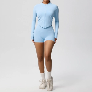Slim fit light blue yoga set with long sleeve zipper jacket and high waist shorts