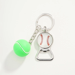 Detailed view of tennis ball keychain with integrated metal beer bottle opener