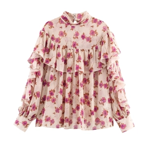 Women Chiffon Blouse Floral Print Tiered Ruffle Stand Collar Long Sleeve Elegant Vintage Sweet Top