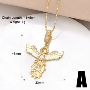 Macro shot of gold angel pendant necklace with dimensions 46x33mm and chain specs