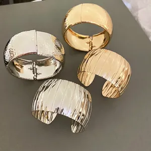 Wide Cuff Bracelet Metal Hammered Ribbed Texture Geometric Statement Fashion Jewelry For Women