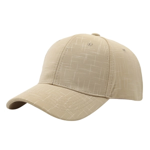 Classic khaki baseball cap with textured plaid fabric and structured six-panel design