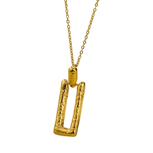 Polished 18K gold plated stainless steel necklace with a hammered texture rectangular pendant