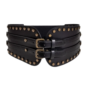 Black punk style wide corset belt with gold metal studs and double pin buckles
