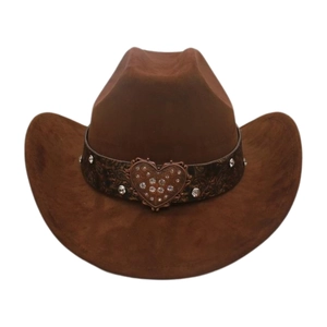 Detailed view of dark brown suede cowboy hat with diamond heart buckle on hatband