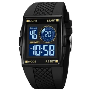 All-black waterproof digital sports watch with dual time display and rubber strap