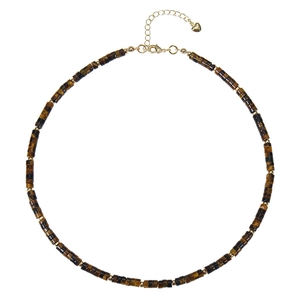 Close-up of tiger eye beaded necklace with gold spacer beads and lobster clasp