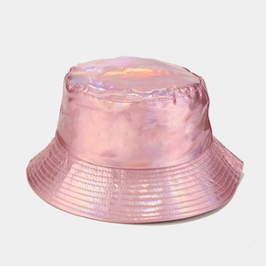 Macro detail of the holographic pink PU leather bucket hat with reinforced stitching